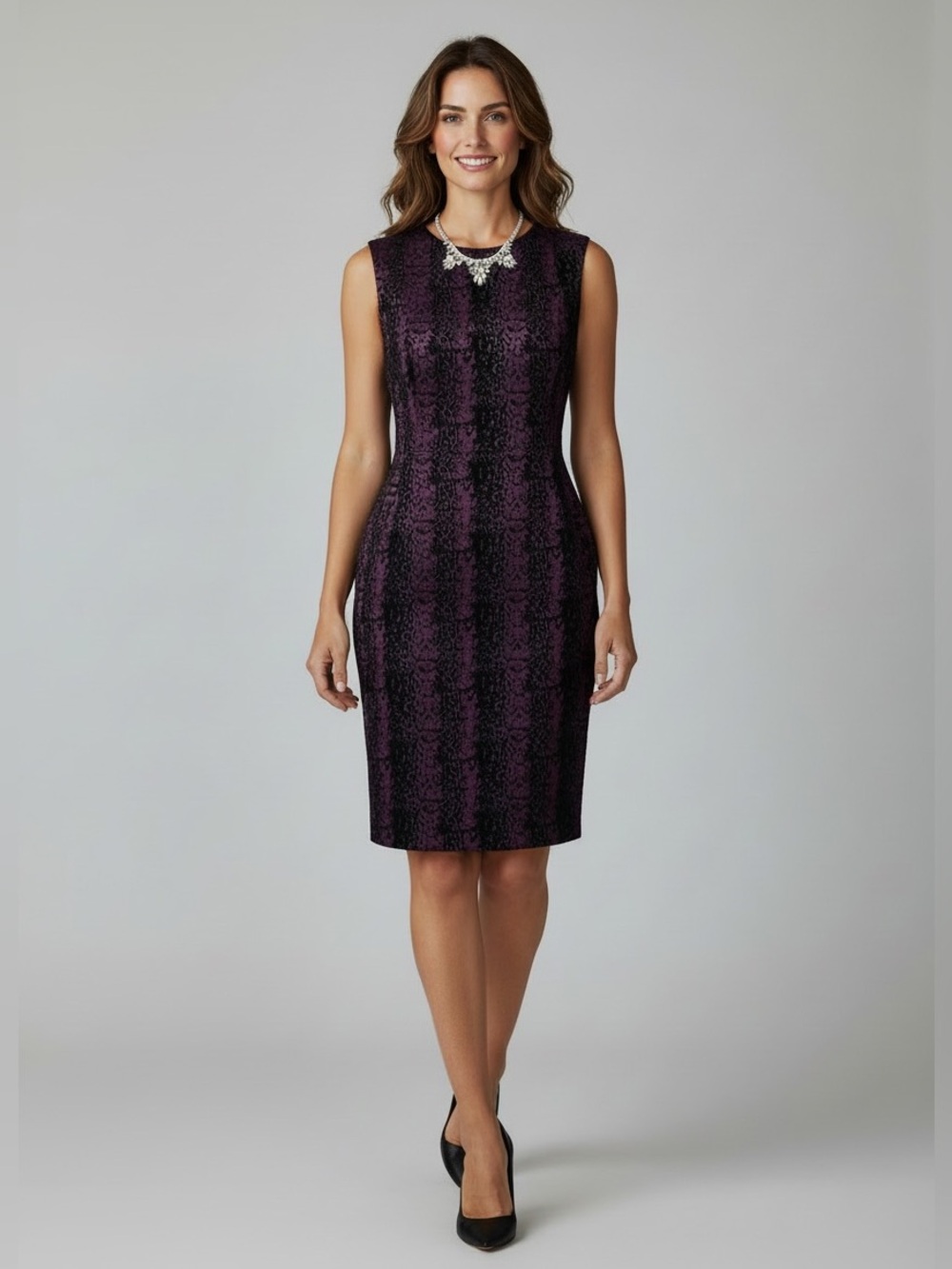 Calvin Klein Velvet Damask Flocked Sheath Dress Black Purple 8